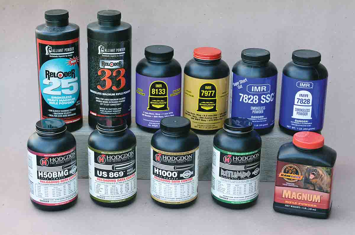 Slow-burning powders, including spherical and extruded variants, were selected to develop handload data.